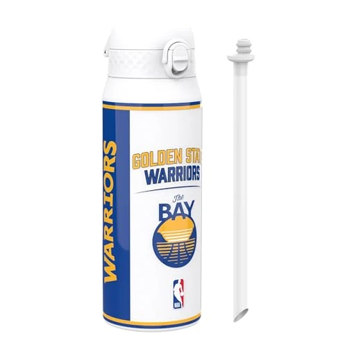 NBA Golden State Warriors Thermosfles Met Verwijderbaar Rietje, 750ml/24oz, Lekvrij Geïsoleerde Drinkfles, Makkelijk Te Openen, Veilige Sluiting, Vaatwasmachinebestendig, Klapdeksel, Metalen Fles