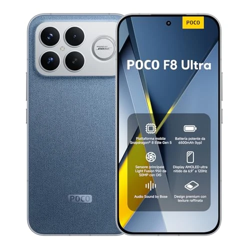 XIAOMI POCO F8 Ultra - Smartphone de 16+512GB, Pantalla AMOLED de 6,85” 120Hz, Snapdragon 8 Elite Gen 5, Carga Hypercharge 100W e inalámbrica 50W, Cargador no Incluido, Azul Denim (Versión ES)