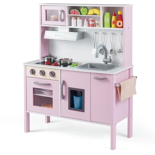 RELAX4LIFE Kinderspeelkeuken van hout met magnetron, oven, kraan, wastafel en 18 stuks accessoires, mini-keuken voor kinderen van 3 tot 6 jaar (lichtroze)
