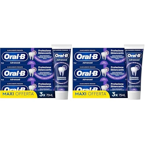 Oral-B Dentifricio Advanced Protezione Sbiancante 3x75ml, Oral B Dentifricio Sbiancante Denti, Clinicamente Provato, Pulizia Denti Efficace, Alito Fresco Sapore Menta Piperita (Confezione da 2)