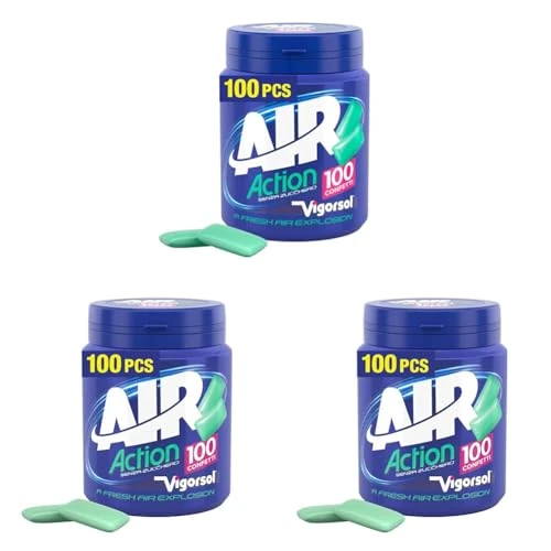 Vigorsol Air Action, Chewing Gum, Gusto Menta, Senza Zucchero, Senza Glutine, Barattolo da 100 Gomme da Masticare, Ideale per una Freschezza Intensa a Portata di Mano (Confezione da 3)