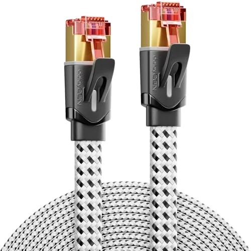 deleyCON 1,5m Cable de Red Cat7 Plano de Nailon (10 Gbps, Conductor de Cobre) Ethernet LAN - Conector RJ45 - Cable Patch para DSL, Router, Internet, Wi-Fi - Blanco
