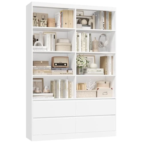 FirFurd Regał na książki o wysokości 180 cm, z 4 szufladami i 8 półkami, duża szafka na książki, wysoka szafka kuchenna, drewniana, witryna, wielofunkcyjna szafka do salonu, biura, kuchni, 180 x 120 x
