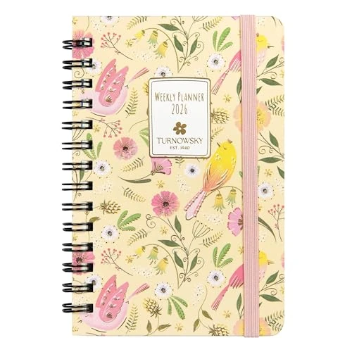 Turnowsky – Agenda semanal de 12 meses, planificador de bolsillo con espiral negra y esquinas redondas, tranza de metal en cubierta, 168 páginas de colores, ideal para trabajo y universidad, 9 x 13 cm