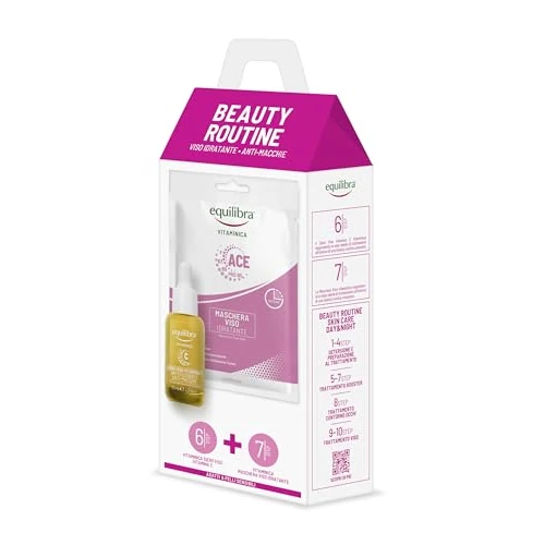 Equilibra, Beauty Routine Viso Idratante Anti-macchie, Contiene 1 Maschera Viso in Tessuto 100% Naturale e 1 Siero Viso Vitamina C, per Pelle Spenta e Stressata, Set Viso per Skincare Routine