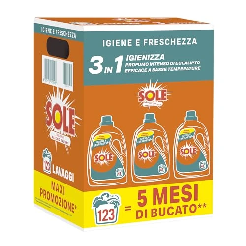 Offerta a tempo: Sole Detersivo Lavatrice Igiene e Freschezza 123 Lavaggi, Formula igienizzante, Detersivo Lavatrice Liquido Igiene e Freschezza, rimuove le macchie a basse temperature - 35% da 19.99 € a 12.99 €