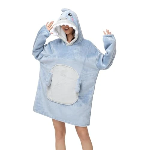 chuangminghangqi Przytulny koc do zakładania z rękawami i kapturem, na zimę, wygodny i ciepły, uniseks, bardzo duży koc z kapturem, Hai, L