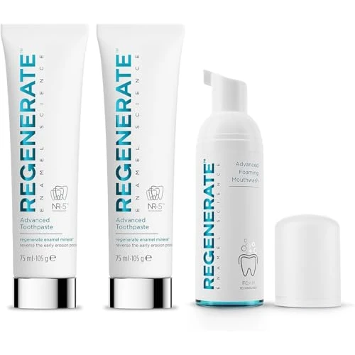 Offerta a tempo: Regenerate Kit Completo Cura Dentale, 2 Dentifrici Avanzati + 1 Collutorio, Rigenera i Minerali dello Smalto, Protezione Carie, Ripristina il Bianco, Contrasta l’Erosione, Tecnologia NR-5™,Gusto Menta - 44% da 35.99 € a 19.99 €
