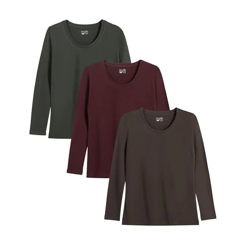 Offerta a tempo: berydale Maglietta Basic Girocollo a Maniche Lunghe da Donna, Confezione da 3 Pezzi, in 100% Cotone, a Maniche Lunghe, da Donna, in Diversi Colori - 10% da 39.95 € a 35.96 €