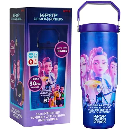 KPop Demon Hunters Officiel Gobelet Isotherme avec Paille et Poignée 850ml, Cadeau Kawaii