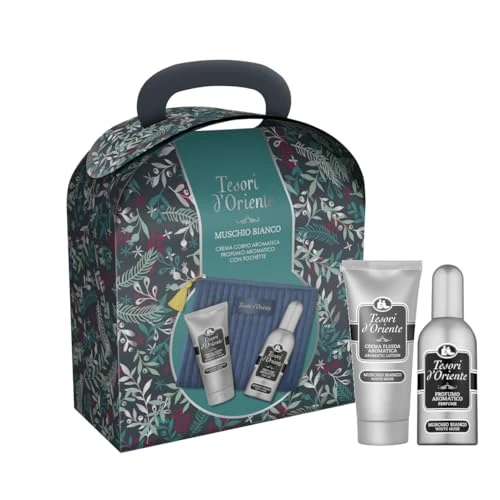 Tesori d'Oriente, Muschio Bianco Set Regalo da Viaggio, Include Profumo Aromatico 100 ml, Crema Corpo Idratante 75 ml, e Pochette Elegante, Fragranze con Note Ambrate e Armoniose che Durano a Lungo