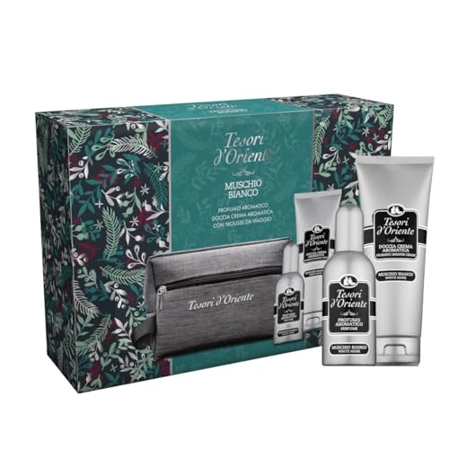 Tesori d'Oriente, Muschio Bianco Set Regalo Uomo, Include Profumo Aromatico 100 ml, Doccia Crema 250 ml, e Trousse da Viaggio, Fragranze con Note Ambrate e Armoniose che Durano a Lungo