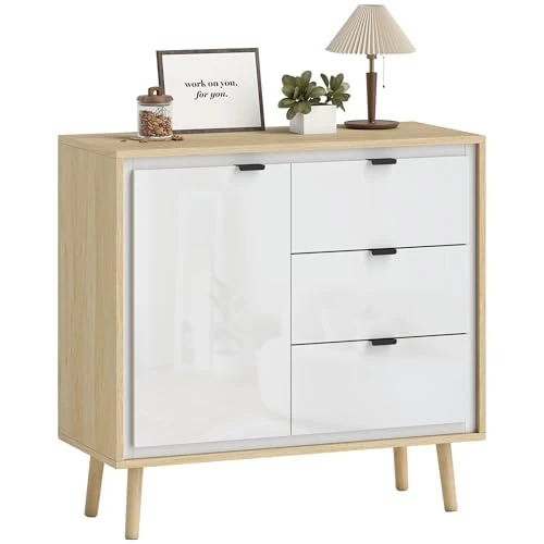 Offerta a tempo: HOMCOM Credenza Cucina con 3 Cassetti e Armadietto, Mobile Cucina Moderno con Ripiano Regolabile, Credenza Buffet per Soggiorno, Sala da Pranzo e Salotto, 80x35x77 cm, Bianco Lucido e Rovere — 11% da 99,95 € a 88,57 €