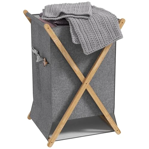 Offerta a tempo: HOMCOM Cesto Portabiancheria Pieghevole 55L in Tessuto, Cesta per Biancheria con Telaio in Bambù per Lavanderia e Camera, Legno Naturale e Grigio - 44% da 27.95 € a 15.55 €