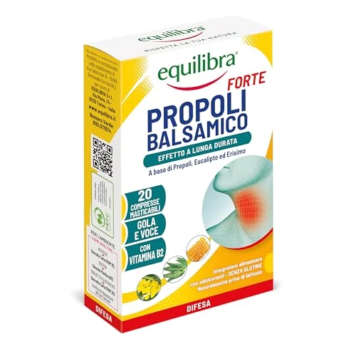 Offerta a tempo: Equilibra Propoli Balsamico Forte, Compresse Masticabili Mal di Gola e Voce, Effetto a Lunga Durata, con Propoli, Eucalipto, Erisimo e Vitamina B2, Adatto a Vegetariani, Senza Glutine e Senza Lattosio - 29% da 6.90 € a 4.90 €