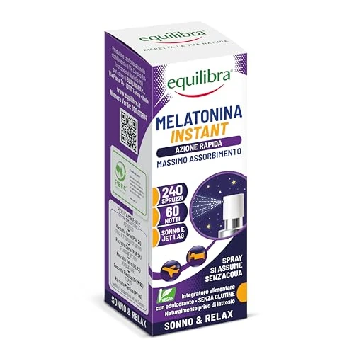 Offerta a tempo: Equilibra Melatonina Liposomiale Spray, Integratore ad Assorbimento Rapido, 240 Spruzzi, 60 Notti, Vegan, per Ridurre il Tempo Richiesto per Prendere Sonno, per il Jet-Lag, Senza Glutine e Lattosio - 30% da 7.90 € a 5.50 €