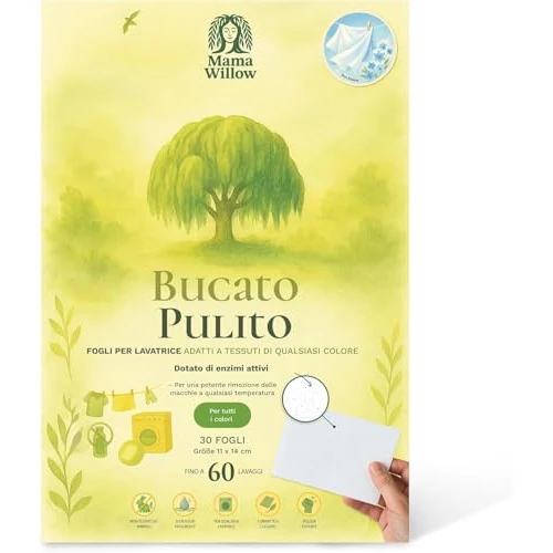 MamaWillow 30 hojas de detergente – alternativa sostenible y sin plástico – potente limpieza con tensioactivos naturales y enzimas, libre de parabenos, fosfatos, lejía y fragancias