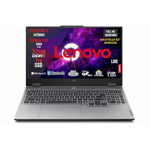 Lenovo Loq PC Gaming Notebook i7 14700HX, 64 GB RAM DDR5, GeForce RTX 5060 8 GB, SSD 1TB, notebook gaming display IPS 15,6 inch FHD 144 Hz, laptop gaming toetsenbord met achtergrondverlichting, Wi-Fi