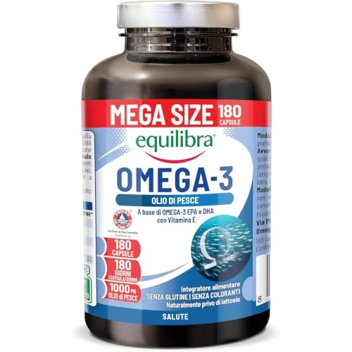 Offerta a tempo: Equilibra Omega 3, Olio di Pesce 2000mg, EPA 582mg e DHA 388mg per Dose max, Scorta 6 mesi, 180 capsule, Normale Funzione Cardiaca, Funzionalità Cerebrale e Capacità Visiva, Senza Glutine e Lattosio - 25% da 22.90 € a 17.17 €