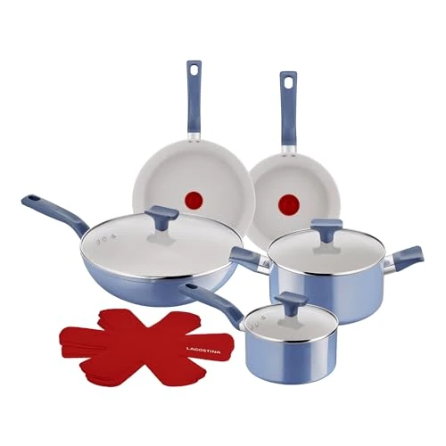 Lagostina Neptune, Lot de poêles et casseroles antiadhésives 12 pièces en aluminium recyclé, revêtement minéral, indicateur de chaleur thermo-Signal, manche rivé, compatibles avec induction