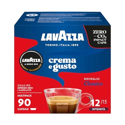 Offerta a tempo: Lavazza, A Modo Mio Crema e Gusto Classico, 90 Capsule Caffè, per un Espresso con Note di Cioccolato e Frutta Secca, Arabica e Robusta, Intensità 12/13, Tostatura Media, Confezione da 36 e 54 Capsule - 18% da 30.99 € a 25.48 €