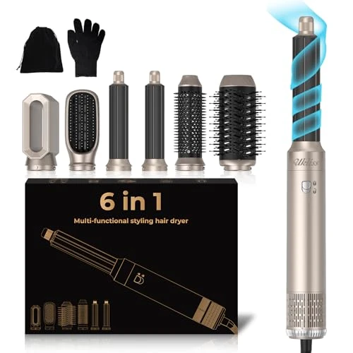 UKLISS Hairstyler 6 en 1 Air Styler Set - Para Rizos, Volumen, Estilos Y Secado - Juego de cepillos de secador de pelo 1000w con rizador de aire caliente, cepillo de aire caliente, cepillo redondo