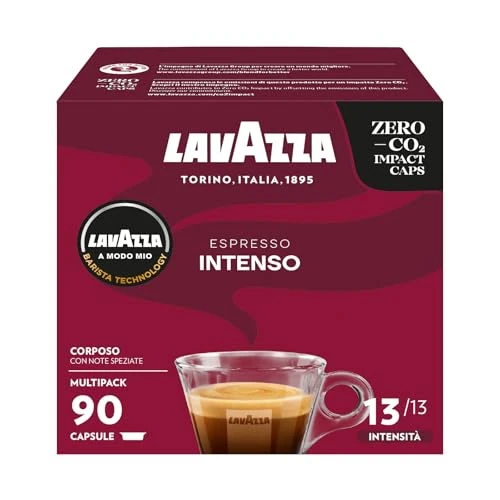 Offerta a tempo: Lavazza A Modo Mio Espresso Intenso, 90 Capsule Caffè, per un Espresso con Note Aromatiche di Cacao e Spezie, Arabica e Robusta, Intensità 13/13, Tostatura Media, Confezione da 36 e 54 Capsule - 18% da 30.99 € a 25.48 €
