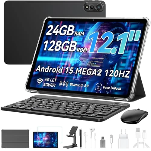 Blackview Mega2 Tablet 12 Inch Android 15 Tablets, 24GB RAM + 128GB ROM, 120Hz 2K FHD Gaming Tablet with Keyboard Mouse Pen Headphones, 4G LTE + 5G WiFi, 9000 mAh, WideVine L1, Dual Camera, Face ID