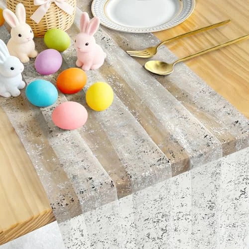 Bieżnik Srebrny, 75 x 300 CM Lekki i Zwiewny Tiul Bieżnik, Zdobiony Srebrna Folia, Odpowiedni na Wesela w Stylu Boho, Przyjęcia Urodzinowe, Narodzenia, Przyjęcia Noworoczne, Dekorację Stołu