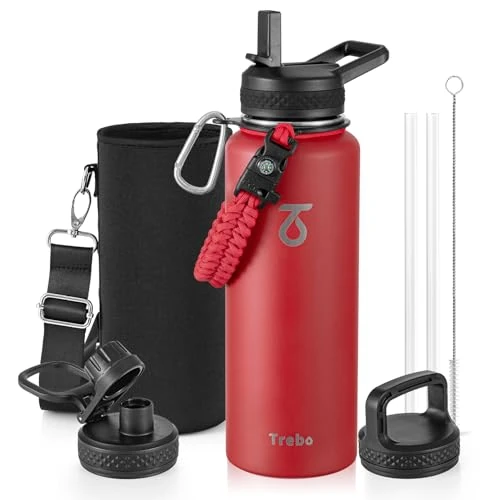 Zeitlich begrenztes Angebot: Trebo Wasserflasche 1,2 l mit Paracord-Griff, halber Gallone, große Vakuum-Doppelwand-Edelstahl-isolierte Wasserkanne mit Haltegurt, Strohhalm-Auslauf, Deckel, auslaufsicher, hält kalt & heiß, Rot von 29.99 € auf 29.99 € (0.00