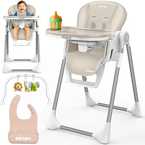 KIDUKU® Kinderstoel Baby 3-in-1 met Opzetstuk voor Pasgeborenen + Slabbetje | Opvouwbare Eetstoel met Speelboog | Verstelbare Evolutieve Kinderstoel met 7 Hoogteposities | 0-36 Maanden (Beige)