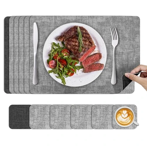 Offerta a tempo: KitchenBoss Tovagliette Americane Lavabili e Sottobicchieri: Set di 6 Tovaglietta Colazione Plastica Bifacciale Non-scivolose Impermeabile Resistenti Tovagliette PVC - 14% da 18.99 € a 16.24 €