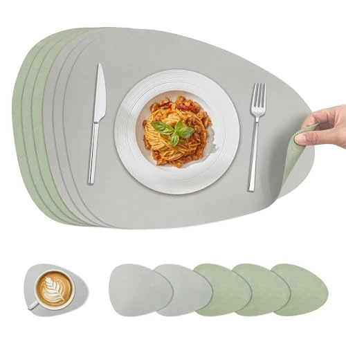Offerta a tempo: KitchenBoss Tovagliette Americane Lavabili Tovaglietta Colazione, Tovaglietta Americana e Sottobicchieri Bifacciale Per Cucine, Tavoli da Pranzo e Uffici, Verde + Grigio, 40x30cm, 6 Set - 13% da 18.99 € a 16.59 €