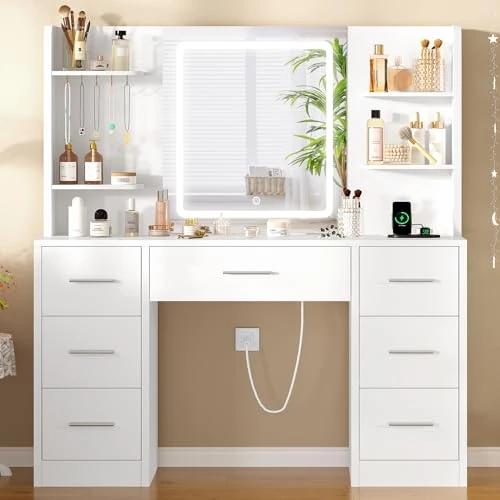 Zeitlich begrenztes Angebot: TEENFON Große Schminktisch mit LED-Beleuchtung und Steckdosen, Schminktisch mit Spiegel, 4 offenen Ablagen und 5 Schmuckhaken für das Schlafzimmer, Weiß，7 Schubladen Schminktisch+LED Beleuchtung von 179.99 € auf 157.85 € (12% 