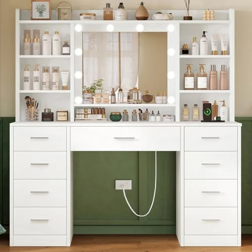 Offerta a tempo: TEENFON Toeletta Trucco con Luci, Led Regolabili, 3 Colori Regolabili, Toletta con Grande Specchio,Presa,Bianco, 9 Cassetti e 6 Ripiani Aperti - 10% da 199.99 € a 179.99 €