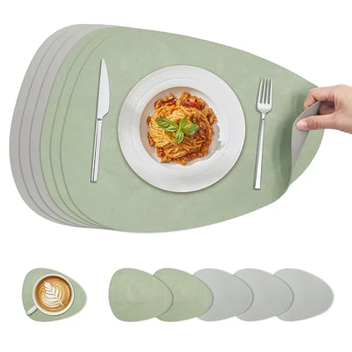 Offerta a tempo: KitchenBoss Tovagliette Americane Tovaglietta e Sottobicchieri, Tovagliette Colazione Tovaglietta Bifacciale Per Cucine, Tavoli da Pranzo e Uffici, Verde + Grigio, 40x30cm, 6 Set - 10% da 18.99 € a 17.09 €