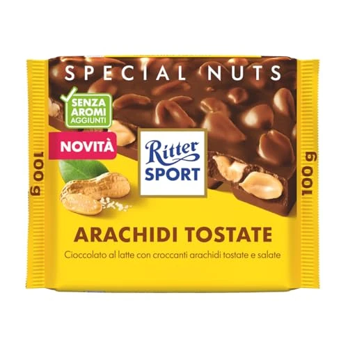 Offerta a tempo: RITTER SPORT Arachidi Tostate, Tavoletta di Cioccolato al Latte con Croccanti Arachidi Tostate e Salate, Cacao 100% Certificato Sostenibile, 100 g - 33% da 2.69 € a 1.79 €