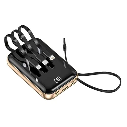 Smart·J DX458 Power Bank 10.000 mAh mit integrierten USB-C-, Lightning- und Micro-USB-Kabeln, digitales LED-Display, Schnellladung 10 W, kompaktes Design aus ABS und Metall, für Smartphones, Phone