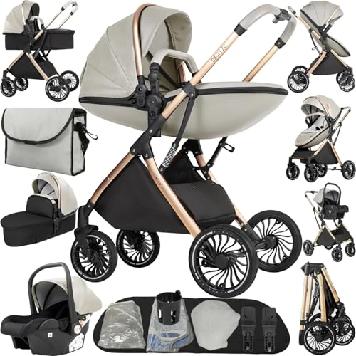 Reenborn Passeggino 4 in 1, Passeggino Trio con Due Modi Reversibili Spingere, Trio con Telaio Alluminio Paesaggistico Alto, Trio Neonati con Design Pieghevole in Un Clic (688 Yellowish)