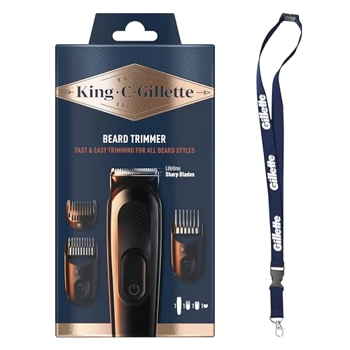 King C. Gillette Baardtrimmerset voor heren, 1 kop, 3 opzetkammen, 1 borstel, oplader, elektrisch scheerapparaat, cadeau-idee voor heren, professionele set, scherpe scheermesjes, met lint