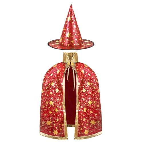 AYBUY Costume de Sorcière D'halloween pour Enfants, Cape du Magicien D'halloween avec Chapeau Cape de Sorcier Sorcière Enfant Cosplay Costume pour Fête de Cosplay Garçon Fille, Rouge