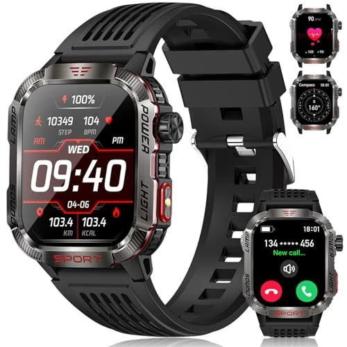 INMUA Herren-Smartwatch, 5,1 cm (2,01 Zoll), mit Bluetooth, LED-Taschenlampe, Kompass, Blutdruckmesser und SpO2, 100 Sportmodi, IP68 wasserdicht, 2 Riemen, für iOS und Android (schwarz)