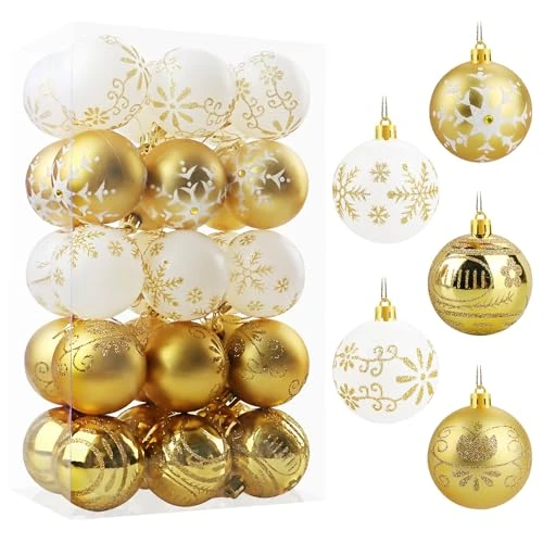 FIMUN Christmas Tree Baubles Plastic, Gold and White, 6 cm, 30 Pieces