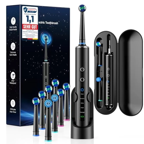 Electric Toothbrush for Adults and Children with 3 Intensities and 5 Modes, Electric Toothbrush with 8 Heads, Travel Case, IPX7 Waterproof, 120 Day Battery (Black)
