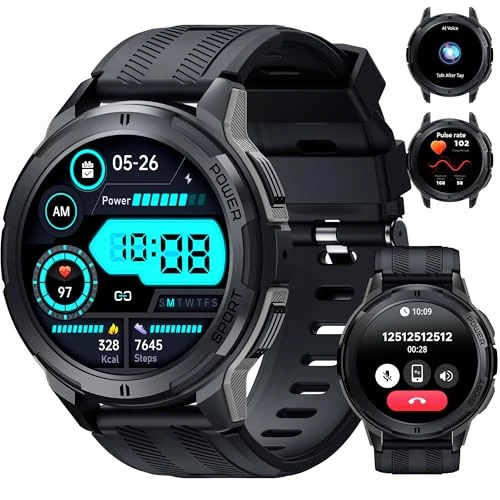 OUKITEL Smartwatch voor heren, militaire smartwatch met spraakoproepen, 1,43 inch AMOLED-scherm, 24/7 slaaphartslagmeter, 100+ sportfitnesstracker voor iOS en Android