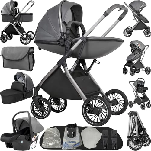 Reenborn Passeggino 4 in 1, Passeggino Trio con Due Modi Reversibili Spingere, Trio con Telaio Alluminio Paesaggistico Alto, Trio Neonati con Design Pieghevole in Un Clic (688 Deep Grey)