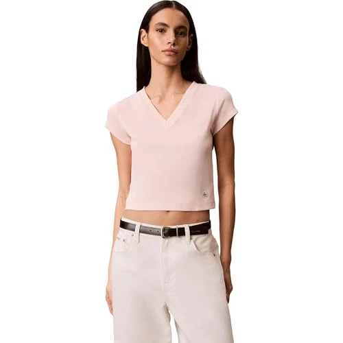 Offerta a tempo: Calvin Klein A- SS Woven Label Rib Vneck Tee Lv047c910g Magliette, Orange (Mangano Calcite), S Donna - 52% da 39.90 € a 19.00 €