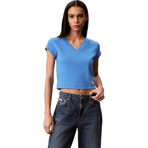 Oferta limitada: Calvin Klein Camiseta de Manga Corta Mujer Woven Label Rib tee con Cuello de Pico, Azul (Marina), XL de 39.90 € a 26.78 € (ahorro 33%)