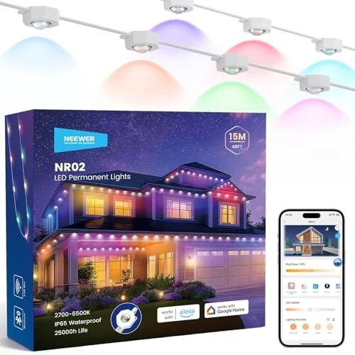Offerta a tempo: NEEWER Luci Esterne Permanenti 15m per Decorazione Casa, Catene Luminose per Esterni Grondaie Natale Smart AI RGBCW, 30 Luce LED Controllo App 53 Scene IP67 Impermeabile, Compatibile con Alexa, NR02 - 35% da 99.99 € a 64.99 €