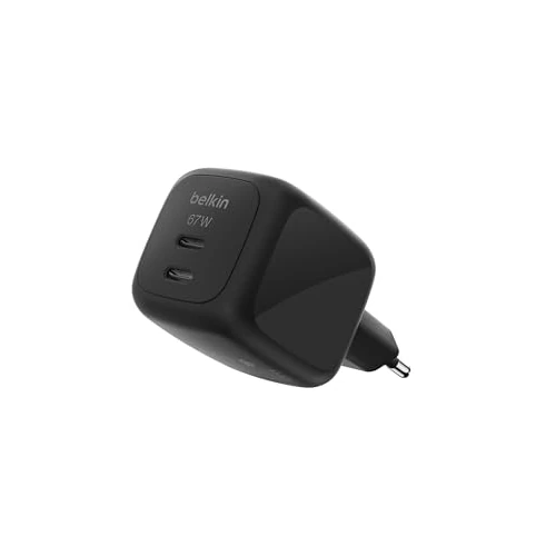 Belkin SmartProtect 2-portowa Ładowarka USB-C 67 W, Ładowarka GaN z 2 Portami USB-C, Szybkie Ładowanie Urządzeń MacBook, iPhone 17, iPad Pro, Chromebook, Galaxy S25 Ultra, Pixel 10 i Innych – Czarna